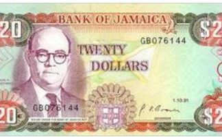 Jamaica 20 Dollar 1991 UNC