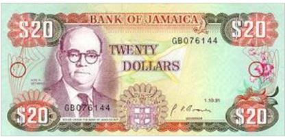 Jamaica 20 Dollar 1991 UNC