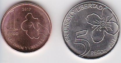 Set van 2 munten 1 en 5 pesos UNC